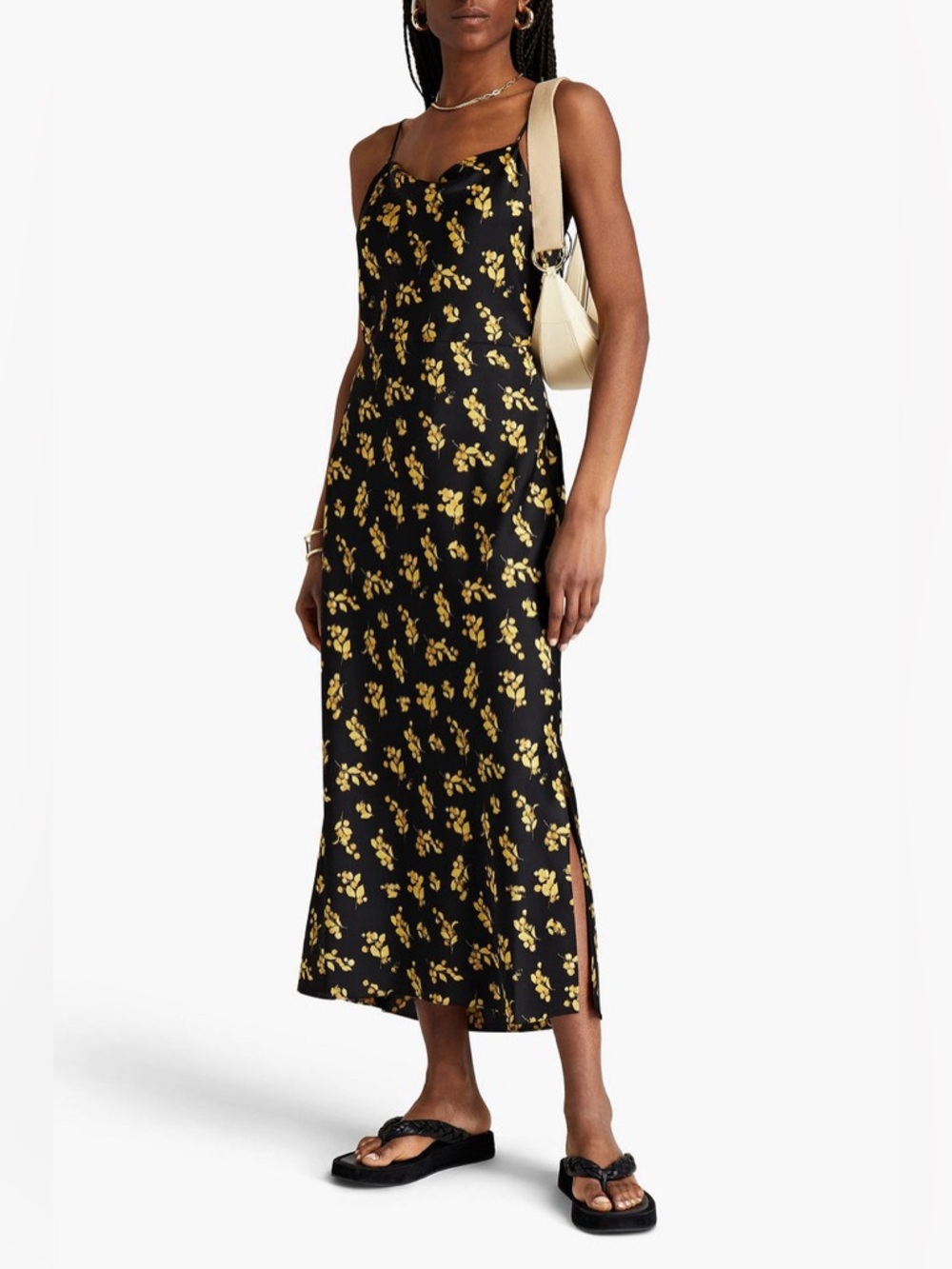 Vince Satin Black with Yellow Floral Motif maxi dress with slits on side size 6